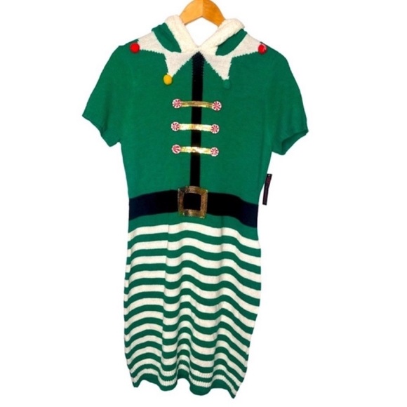 No Boundaries Women’s Christmas Elf/Santa Striped Stretchy Sweater Dress - Picture 3 of 5